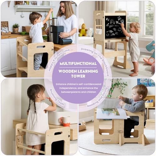 labebe Toddler Standing Tower for 12M+, Montessori Foldable Learning Standing Tower with Blackboard, Anti-tip Structure Design,Wooden Kitchen Step Helper Stool for 1-3 Year Old Boy Girl Gift