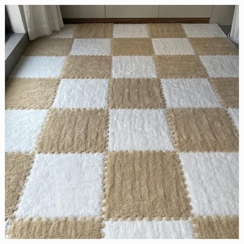 12 Pieces Thickened Plush Foam Interlocking Floor Mat,Fluffy Square Foam Tiles with 12 Edgings,Soft Anti-Slip Puzzle Area Rug Playmat for Bedroom,12X12inch,12 Tiles/11.6 Sq.Ft,Camel+White - color: Camel+white