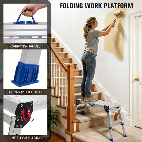Aluminium Work Platform 660 Lbs, Portable Scaffolding Platform with One-Touch Automatic Fold, 4 Height Adjustment Step Stool, Perfect for RV Cleaning, Home Painting and Reaching High Places, Upgraded