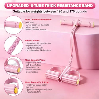 Foot Pedal Resistance Bands with Handles, 6-Tube Multifunction Exercise Bands, Durable Home Gym Fitness Equipment for Women & Men - color: Pink