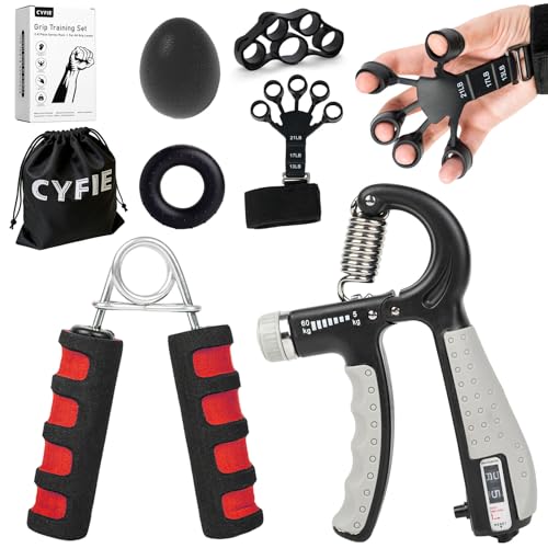 CYFIE Grip Strength Trainer Kit, Adjustable Hand Gripper Strengthener, Forearm Strengthener & Finger Exerciser Set with Finger Stretcher, Stress Ball & Grip Ring for Athletes, Rock Climbing & Rehab - color: Red & Black