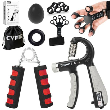 CYFIE Grip Strength Trainer Kit, Adjustable Hand Gripper Strengthener, Forearm Strengthener & Finger Exerciser Set with Finger Stretcher, Stress Ball & Grip Ring for Athletes, Rock Climbing & Rehab