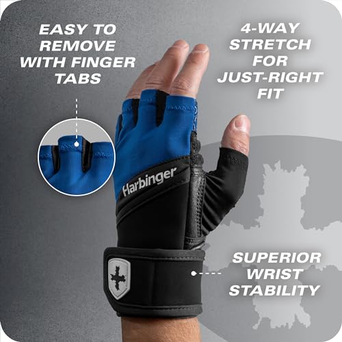 Harbinger Training Grip Wrist Wrap Gloves - Enhanced Grip & Wrist Support, Breathable Lycra Back, Padded Leather Palm, Half-Finger Design, Quick Pull Tabs - Ideal for Weightlifting, Gym - Men's - size: Medium