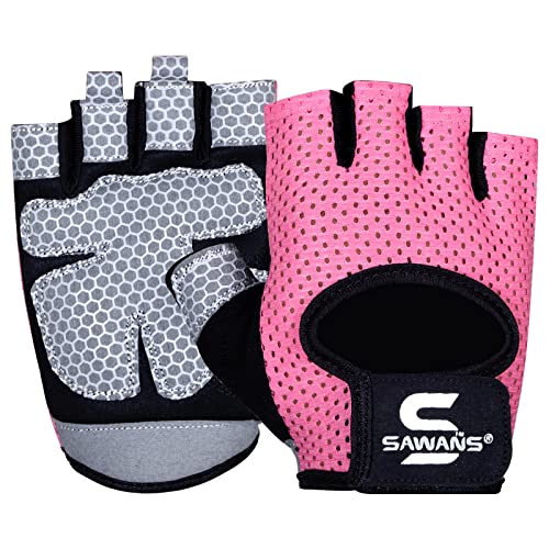 SAWANS Workout Gloves for Men and Women Weight Lifting Gloves Gym Fitness Exercise Cycling Pull ups Microfiber Lightweight Breathable Non-Slip Silicone Padded Palm Grip Protection - color: Pink, size: Large