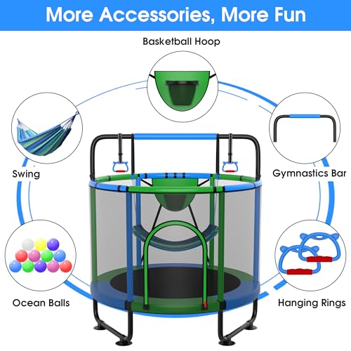 YORIN Trampoline for Kids 66'' 60'' 55'' Toddler Mini Small Outdoor Indoor Trampoline W Basketball Hoop, Swing, Adjustable Gymnastics Bar, Gift for Baby, Toddlers & Kids