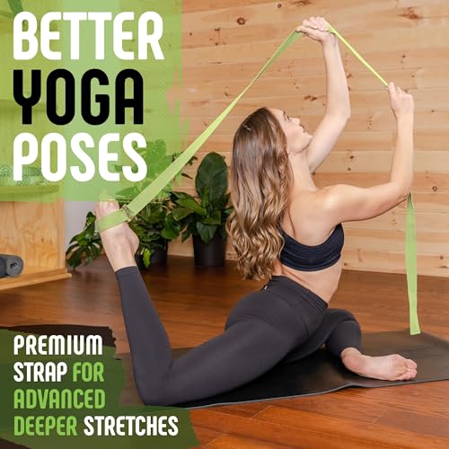 Yoga Strap, Friction-Less Easy-Feed Buckle, Super Soft Cotton/Polyester Blend Webbing, Free eGuide. (8 Feet) - color: Green