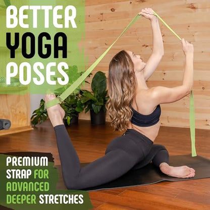 Yoga Strap, Friction-Less Easy-Feed Buckle, Super Soft Cotton/Polyester Blend Webbing, Free eGuide. (8 Feet) - color: Green