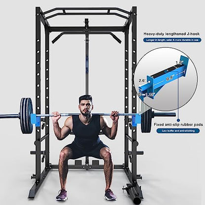 Power Cage, Multi-Functional Power Rack with J-Hooks, Dip Handles, Landmine Attachment and Optional Cable Pulley System for Home Gym
