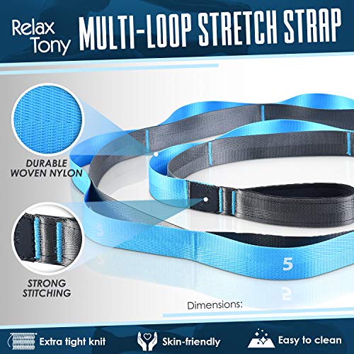 Yoga Stretching Strap | 12 Loops Non-Elastic Stretching Yoga Strap | Stretching Band for Physical Therapy, Home Workout Exercises, Pilates & Dance | Includes Carrying Bag & Workout Guide