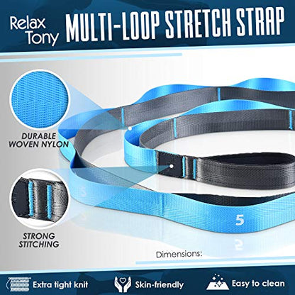 Yoga Stretching Strap | 12 Loops Non-Elastic Stretching Yoga Strap | Stretching Band for Physical Therapy, Home Workout Exercises, Pilates & Dance | Includes Carrying Bag & Workout Guide