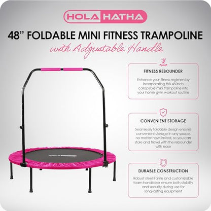 Foldable Mini Trampoline Fitness Rebounder for Home Gym Workouts – with 5-Level Adjustable Handle, Heavy-Duty Steel Frame, Portable Design, and Supports up to 440 Pounds