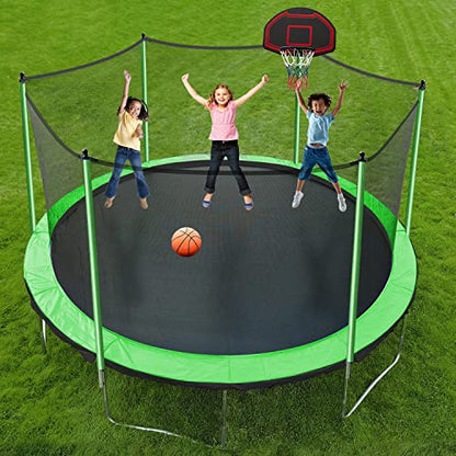 1500LBS 6 8 10 12 14 15 16 FT Trampoline for Kids and Adults with Sprinkler, Lights, Bluetooth Speaker, Water Balls, 16 Socks, Outdoor Recreational Trampolines with Enclosure Net - color: Round 16FT - Green