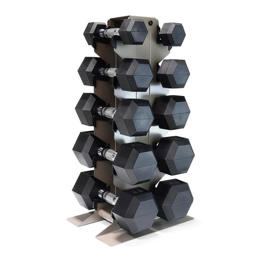 CAP Dumbbell Set with Rack, Rubber Coated Hex Free Weight Set | 100–300 lb Options, Vertical Space-Saving Storage for Home Gym Strength Training - size: 150 lb Set - Tan Rack, style: Chrome Handle