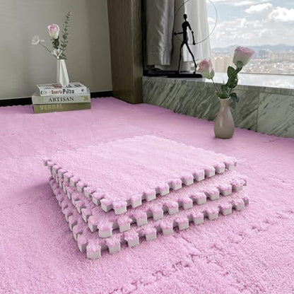 16 PCS Plush Interlocking Carpet Tiles, 0.6" Thick Soft Foam Floor Mat for Baby Crawling, Kids Playroom, Nursery, Bedroom, Living Room & Home Office, Non-Slip Puzzle Floor Tiles(11.8ft, Pink) - color: Pink