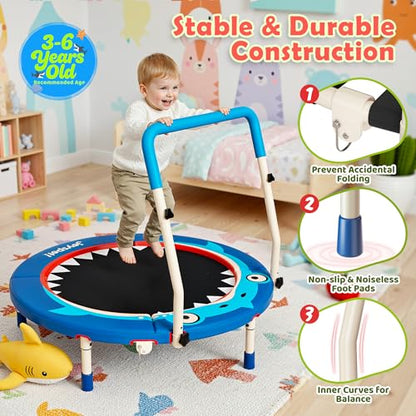 Premium 3FT Foldable Toddler Trampoline for Kids Ages 3-6, 36 Inch ASTM Certified Mini Trampoline with Adjustable Handle, 100 lbs Capacity, Quiet Elastic Bands, Safe for Indoor Outdoor Use - style: Shark