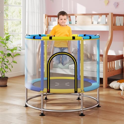 GYMAX 55" Trampoline for Kids, 440LBS 6 in 1 Toddler Rebounder with Swing, Basketball Hoop, Punching Bag, Rings & Bar, No-Gap Jumping Mat Mini Indoor Outdoor Trampoline - color: Yellow-Navy-Blue