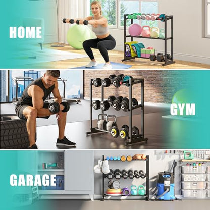 3 Tier Adjustable Dumbbell Rack, 33.6-Inch Weight Rack for Home Gym, Extended Base kettlebell holder for Home Gym, Space-Saving Dumbbell Stand - 900LBS Capacity (Rack Only)