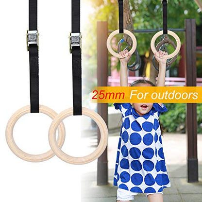 Topyond Wood Gymnastic Rings with Adjustable Straps, Olympic Rings 25mm for Gym, Workout, Exercise, Outdoor Training, Quick Install Carabiner, Can Hold up to 220lbs, 14.8 Ft. Strap