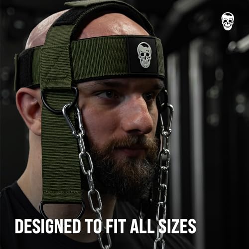 Gymreapers Neck Harness Weight Lifting - Neck Trainer Workout Equipment - Heavy Duty Stainless Steel Chain, Adjustable Neoprene Head Strap, Exercise Equipment for Strength & Pain Relief - color: OD Green