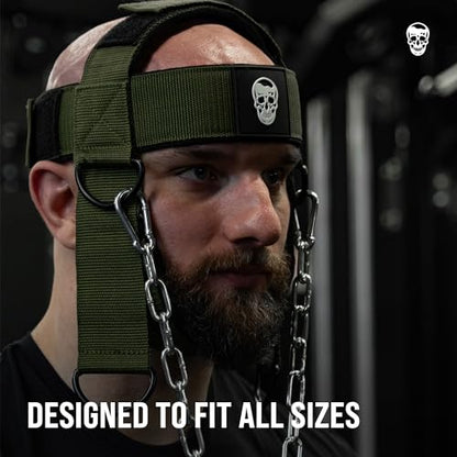 Gymreapers Neck Harness Weight Lifting - Neck Trainer Workout Equipment - Heavy Duty Stainless Steel Chain, Adjustable Neoprene Head Strap, Exercise Equipment for Strength & Pain Relief - color: OD Green