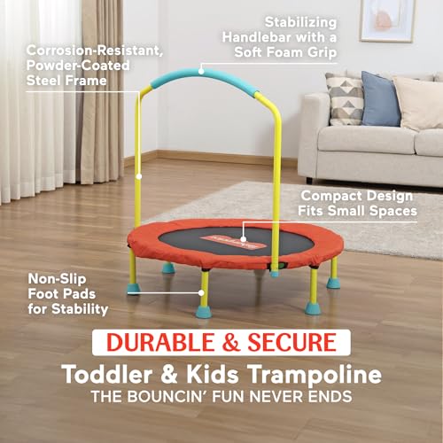 Fisher-Price 3-Foot Mini Trampoline, WonderJump 36-Inch Round Indoor Toddler Kids Trampoline with Stabilizing Handlebar - color: Red/Yellow
