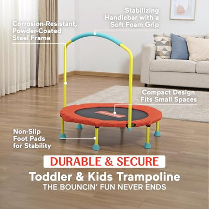 Fisher-Price 3-Foot Mini Trampoline, WonderJump 36-Inch Round Indoor Toddler Kids Trampoline with Stabilizing Handlebar - color: Red/Yellow