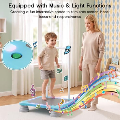 25" Toddler Trampoline with LED Lights & Music, Indoor Mini Kids Trampoline with Handlebar, Non-Slip Sensory Balance Training Bounce Board for Boy Girl Ages 3+, Safety Pad & 220 LBS Max Load