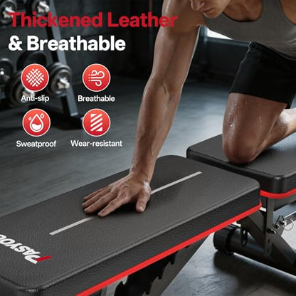 PASYOU Adjustable Weight Bench, 660LB Capacity Foldable Workout Bench, Incline Flat Bench Press for Home Gym, Dual-Frame Strength Training Bench, No Assembly Required, Wider Seat