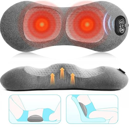 Portable 3-in-1 Electric Lumbar Support Pillow with Heat, Vibration & Traction – Back Massager for Pain Relief & Deep Tissue, Smooth Spine Triple Fusion Back Massager for Bed, Chair, Rechargeable