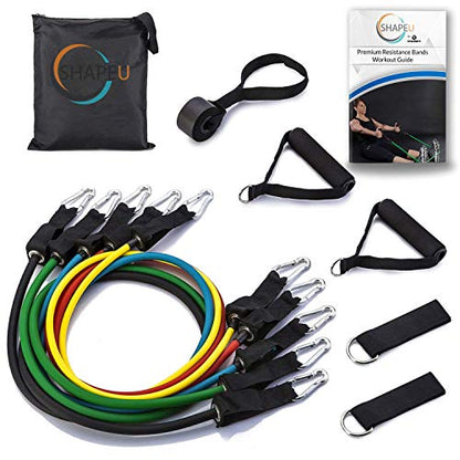 Resistance Band 11 Piece Set - Includes 5 Exercise Bands with Carrying Bag, Door Anchor, Ankle Straps, Exercise Guide with Bonus Digital Workouts and Workout EBook