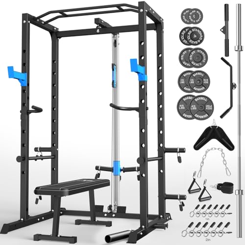 Power Cage, Multi-Functional Power Rack with J-Hooks, Dip Handles, Landmine Attachment and Optional Cable Pulley System for Home Gym - size: 240LB Weights Package+Flat Bench