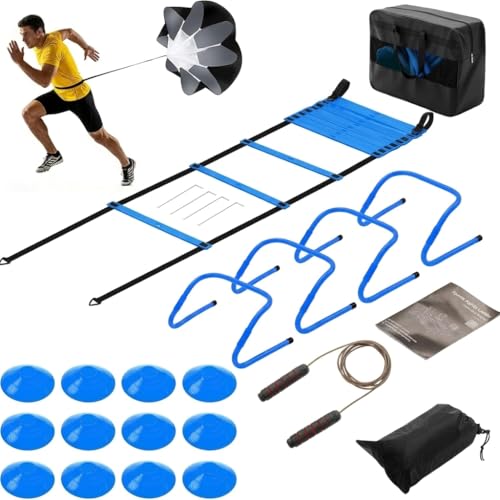 Soccer Agility Training Equipment Set with 20ft Speed Ladder, 12 Cones, 4 Agility Hurdles, Jump Rope & Resistance Parachute, Speed & Footwork Training Kit for Kids, Youth & Adults