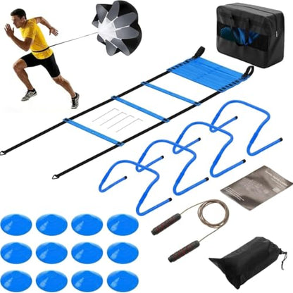 Soccer Agility Training Equipment Set with 20ft Speed Ladder, 12 Cones, 4 Agility Hurdles, Jump Rope & Resistance Parachute, Speed & Footwork Training Kit for Kids, Youth & Adults