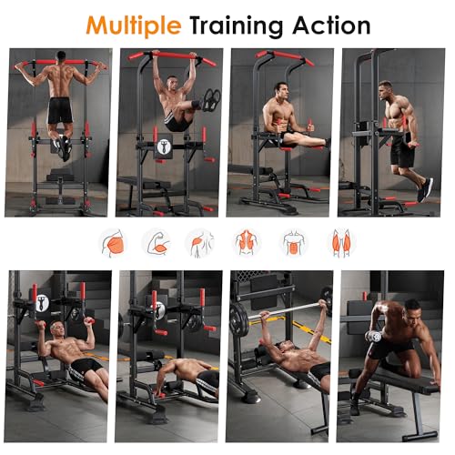 soges Pull Up Bar Dip Station, Power Tower with Folding Dumbbell Bench & Backrest, Adjustable Height Pull Up Bar Stand, Multi-Function Home Gym Strength Training Fitness Equipment 330LBS