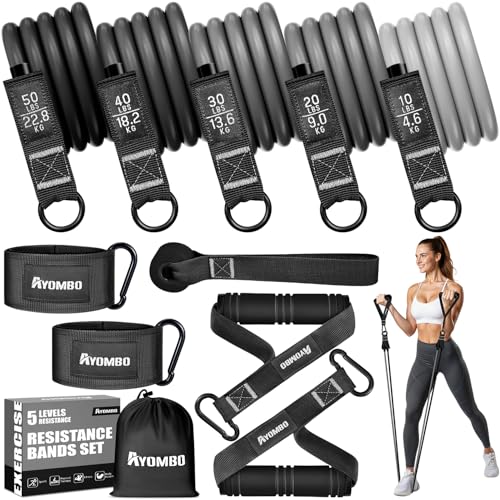 Resistance Bands with Handles for Women, 150LBS Exercise Bands Set for Physical Therapy Yoga Pilates, 5 Level Workout Bands for Working Out with Door Anchor, Home Gym Fitness Equipment