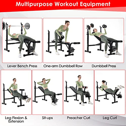 Goplus Adjustable Olympic Weight Bench Barbell Rack Set, Foldable Workout Bench Press Set with Leg Developer, Squat Rack, Home Gym Flat Incline Decline Weight Lifting Strength Training