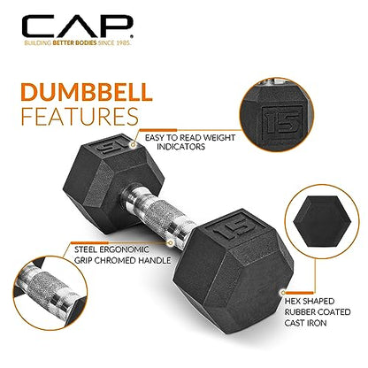 CAP Rubber Coated Dumbbell Weight Set with Vertical Rack | 100 lb, 150 lb, and 210 lb Options - size: 150 lb - Set, style: Chrome Handles