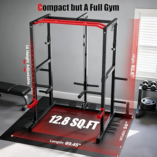 SPORTSROYALS Power Rack, Multi-Functional Power Cage, Squat Rack with Pulley System & LAT Pull Down, Workout Cage with J Hooks for Home Gym
