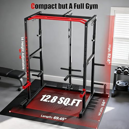 SPORTSROYALS Power Rack, Multi-Functional Power Cage, Squat Rack with Pulley System & LAT Pull Down, Workout Cage with J Hooks for Home Gym