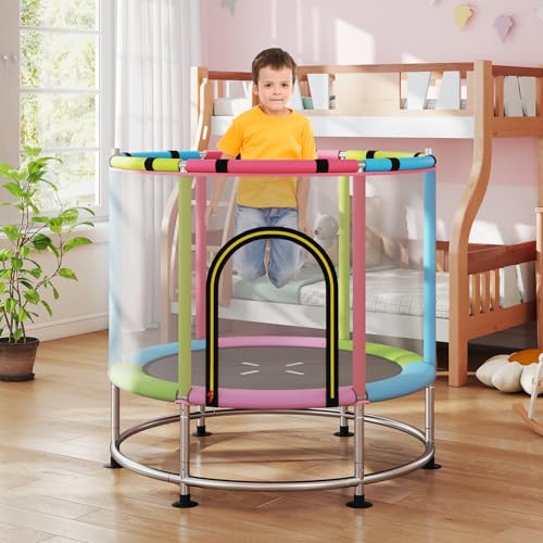 GYMAX 55" Trampoline for Kids, 440LBS 6 in 1 Toddler Rebounder with Swing, Basketball Hoop, Punching Bag, Rings & Bar, No-Gap Jumping Mat Mini Indoor Outdoor Trampoline - color: Pink-Green-Blue