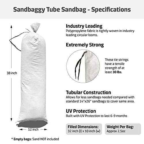 Sandbaggy 38 Inch by 12 Inch Empty Tube Sandbags - Sand Bag Water Barrier - For Re-Directing Water in Flood/Erosion Issues - Sand Not Included (1 Bag)