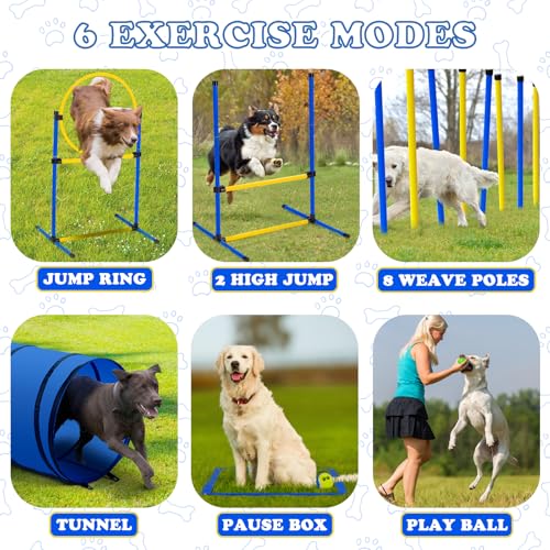 Dog Agility Course Backyard Set，Dog Agility Equipment, Dog Obstacle Course Backyard With 2-Set Agility Hurdle ，Jump Ring, 8 Weave Poles, Tunnel, Pause Box, Toy Balls And 2 Portable Carrying Bags - size: 10 PCS SET
