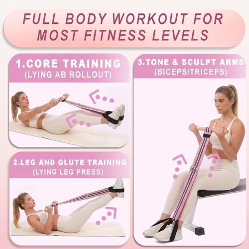 Pedal Resistance Band, Fabric Foot Pedal Exerciser with Solid Wood Handle, Anti-Snap Pull Rope with Adjustable Length Buckle, Wide Webbing Foot Loops for Shoes, Home Gym Workout for Abs, Arms & Legs