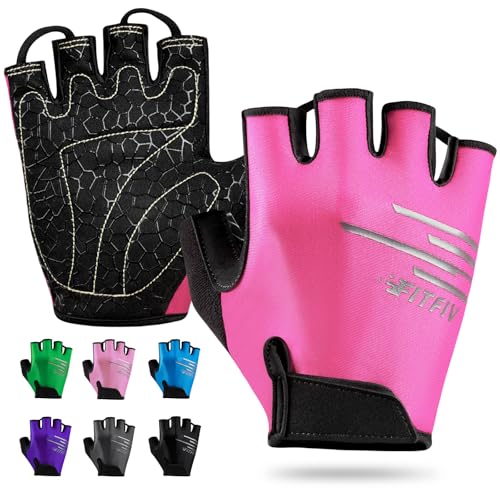 Cycling Gloves for Men and Women, Half Finger Padded Bike Gloves - color: Pink, size: Large