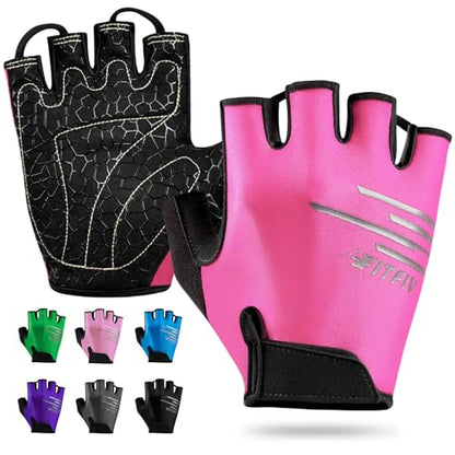 Cycling Gloves for Men and Women, Half Finger Padded Bike Gloves - color: Pink, size: Large
