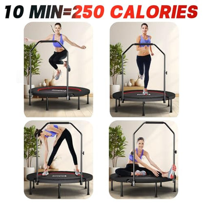 SkyBound Foldable Mini Trampoline - Fitness Rebounder with Quiet Bungees, U-Shape Adjustable Foam Handle, Stable Indoor Exercise Trampoline for Adults