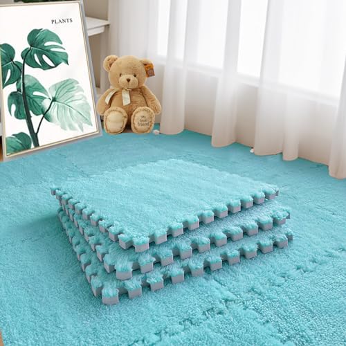 16pcs 0.6" Thickened Interlocking Tile Mats,Fluffy Shaggy Soft EVA Foam Area Rug for Living Room & Bedroom,Non-Slip Protective Floor Carpet Play Mat Kids Baby Dorm Home Decor (11.8ft, Blue) - color: Light Blue