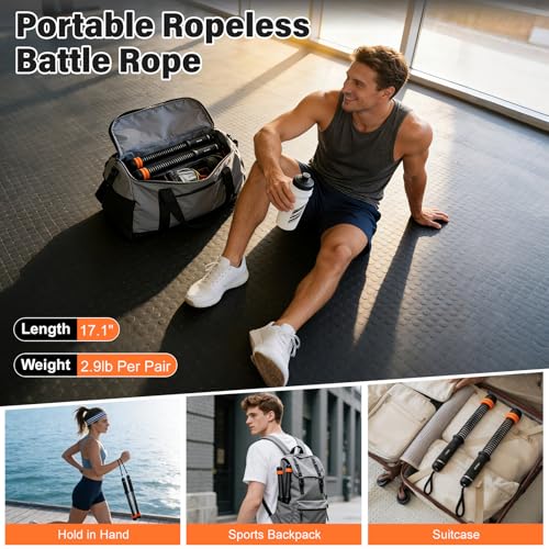 Weighted Ropeless Battle Ropes Adjustable Weight - Portable Cordless Battle Ropes for Home Gym with Workout Poster, Strength Building, HIIT & Low-Impact Cardio Training for Men & Women (Black)