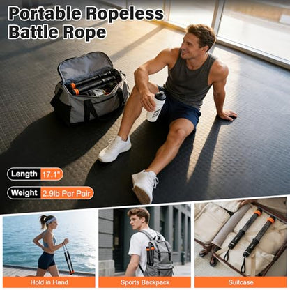 Weighted Ropeless Battle Ropes Adjustable Weight - Portable Cordless Battle Ropes for Home Gym with Workout Poster, Strength Building, HIIT & Low-Impact Cardio Training for Men & Women (Black)