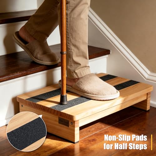 Half Steps for Seniors 3.5" Wooden Step Stool for Seniors with Non-Slip Rubber Feet Standard Depth (9.5 inch), Sturdy Step Stool for Stairs, Solid Pinewood Platform Step for Indoor Use